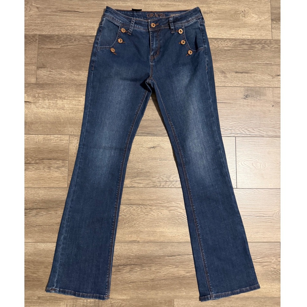 Grace in LA‎ Easy Fit Sailor Button Front Dark Wash Bootcut Jeans Size 27